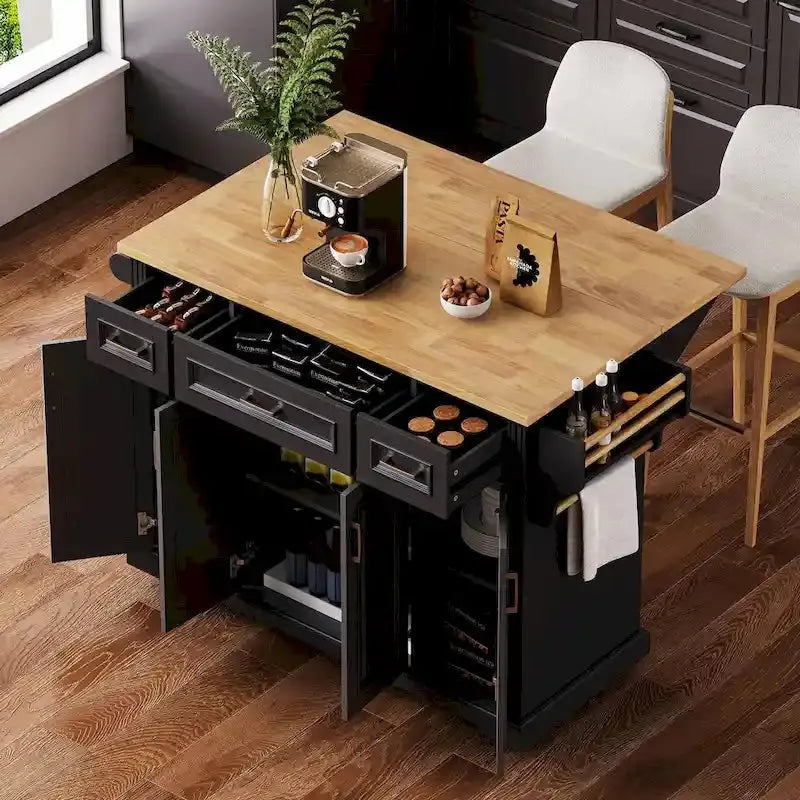 Rubberwood Rolling Kitchen Island  54 Drop-Leaf Cart with 4 Doors, 3 Drawers, and Embossed Texture