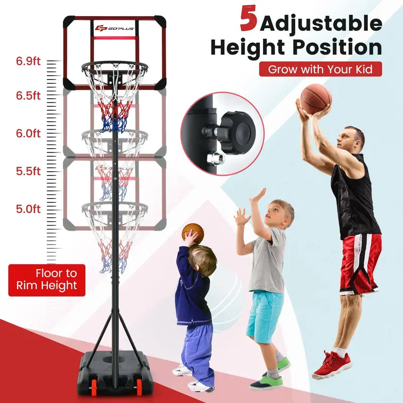 Height-Adjustable Basketball Hoop System (6.3–8.1 FT) with Wheels and Ball Storage