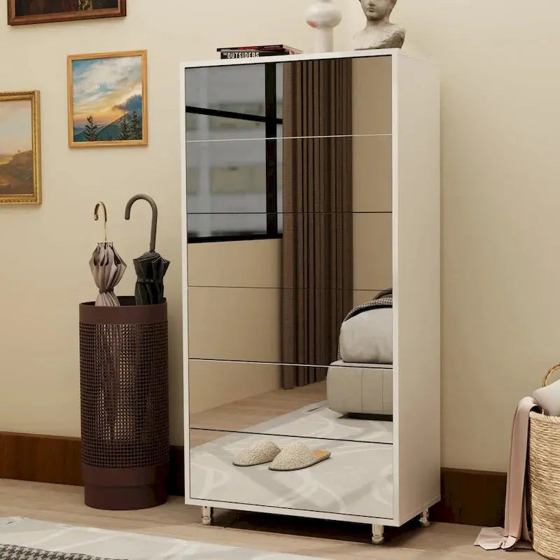 Mirror-Front Shoe Cabinet — 6 Flip-Down Drawers, Metal Frame, Touch-Activated Doors