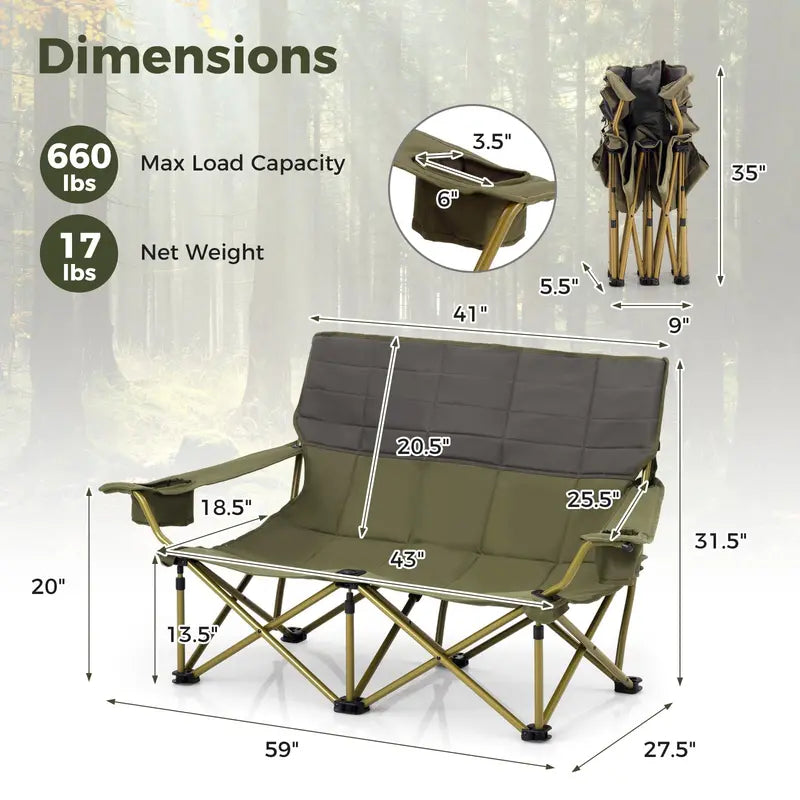 Two-Person Folding Loveseat Camping Chair for Backyard and Campsite Use