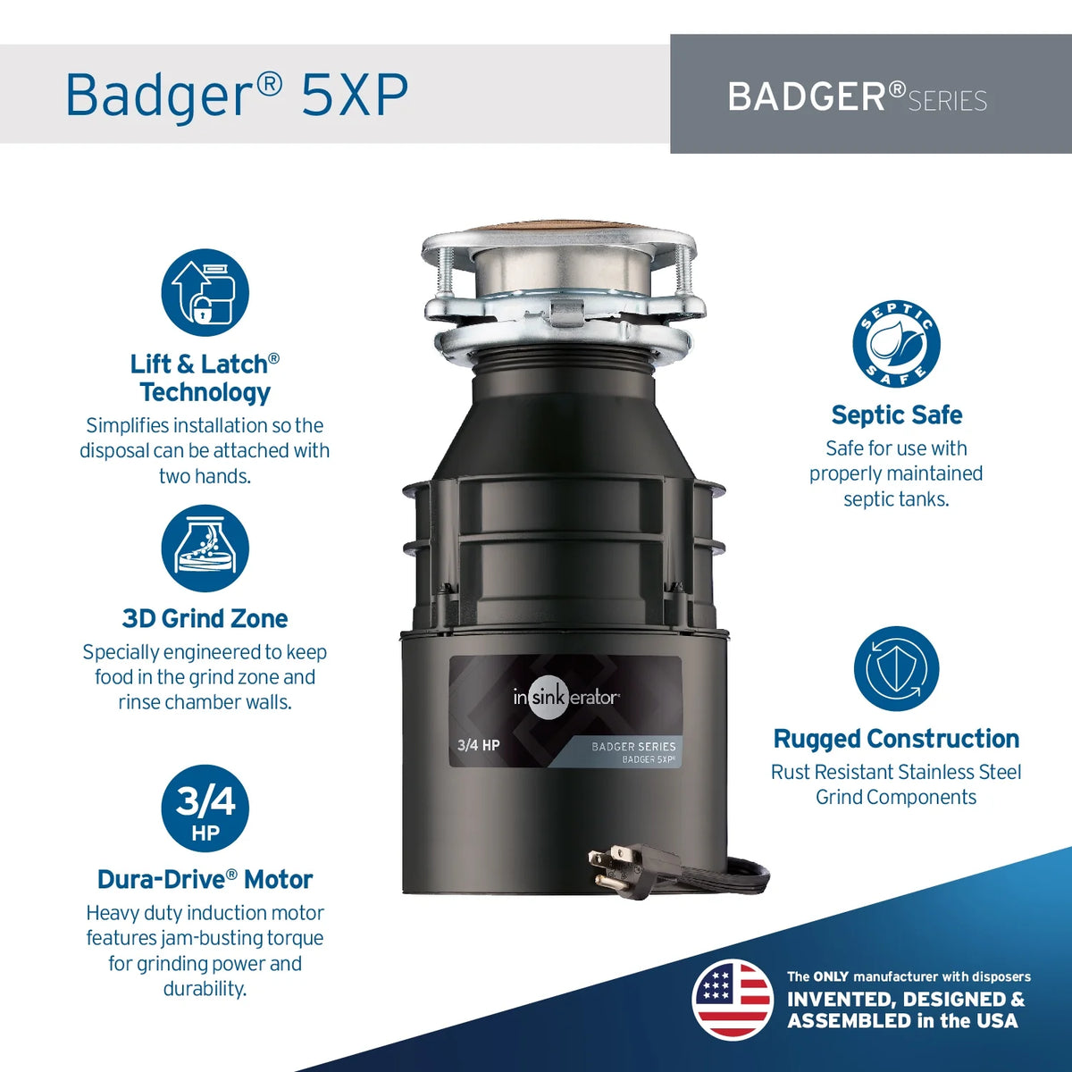 Insinkerator Badger 5XP W/C, 3/4 HP Continuous Feed Kitchen Garbage Disposal with Power Cord, Badger Series
