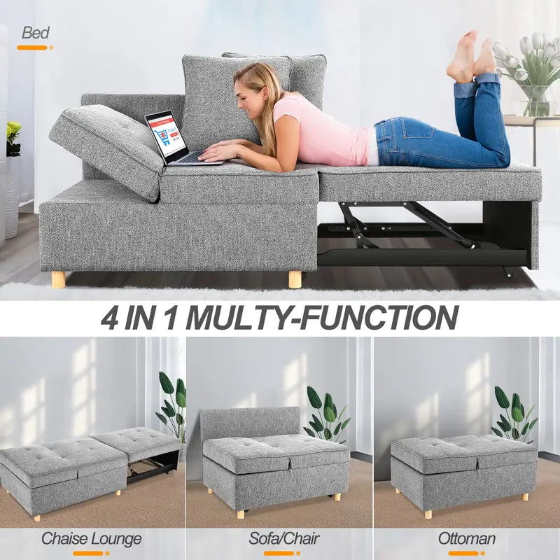 SEJOV 4-in-1 Convertible Sofa Bed with Adjustable Backrest & Linen Fabric for Small Spaces