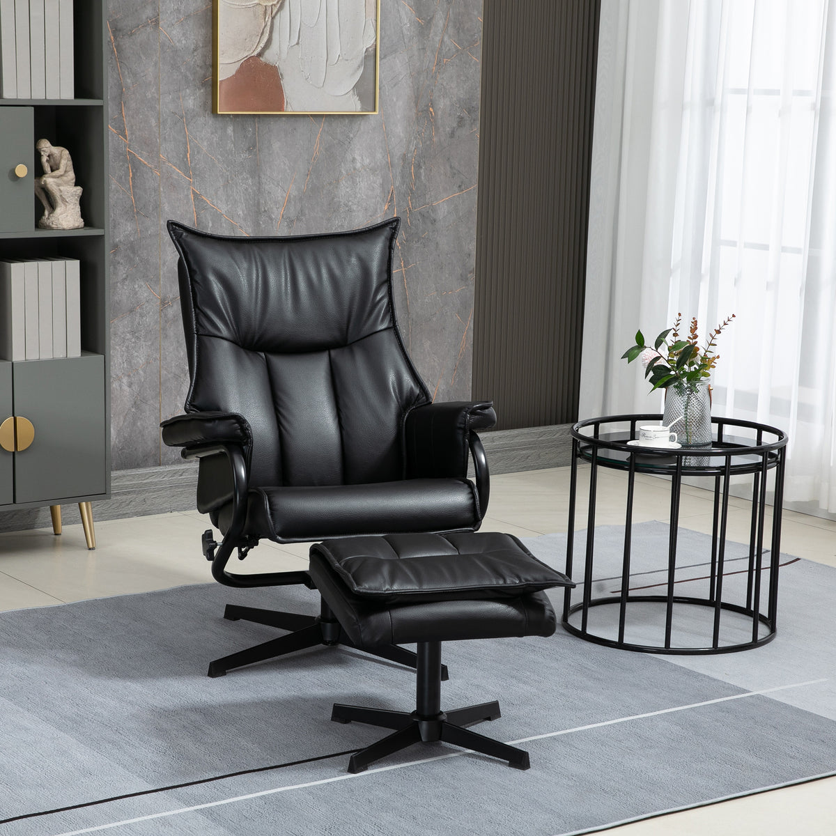HOMCOM Relaxsessel mit Hocker, drehbar, neigbare Rückenlehne, Stahlrahmen, schwarz