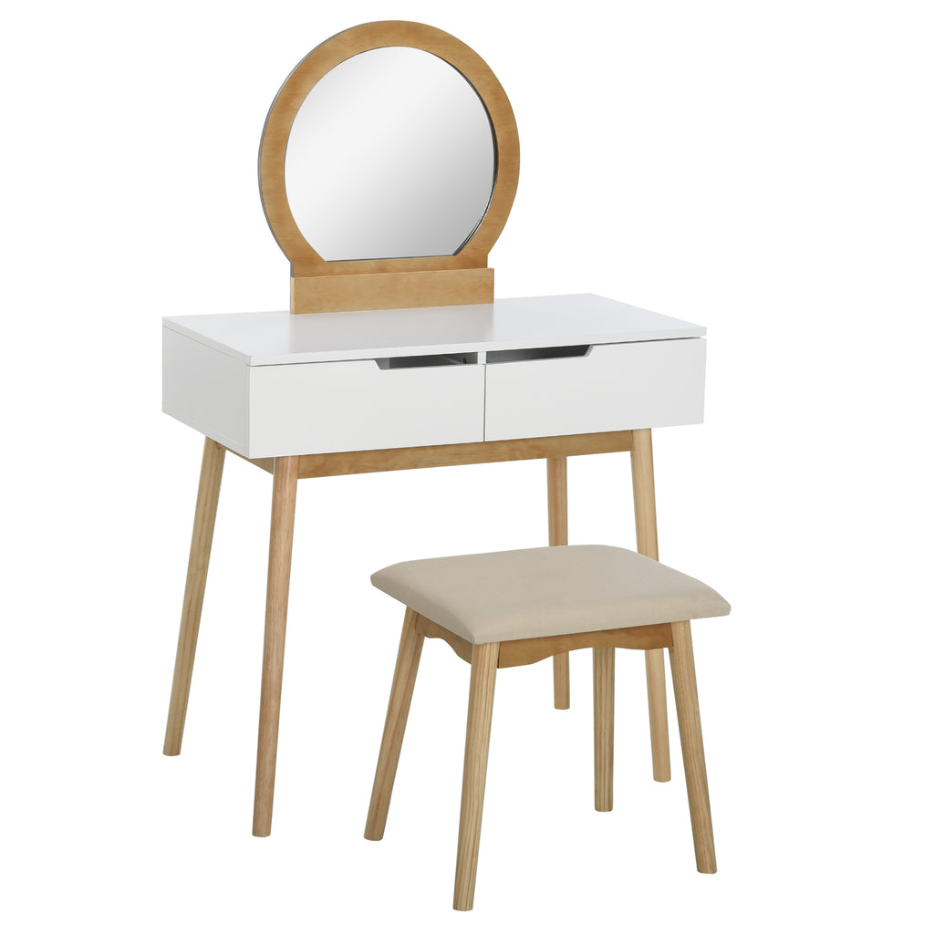 HOMCOM Coiffeuse Design scandinave Schminktisch mit Spiegel, 2 Schubladen und Hocker Weiß Kiefer Hell