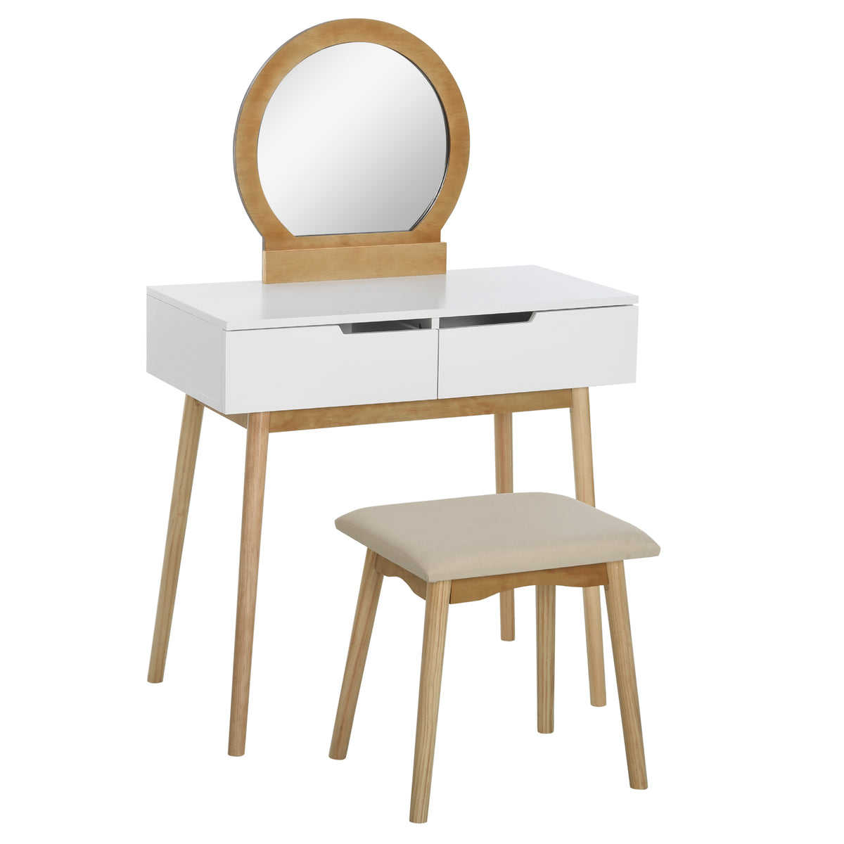 HOMCOM Coiffeuse Design scandinave Schminktisch mit Spiegel, 2 Schubladen und Hocker Weiß Kiefer Hell