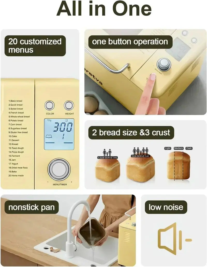 Neretva 20-in-1 Bread Maker – 2-LB Capacity with Dual Heating Elements & Ceramic Nonstick Pan