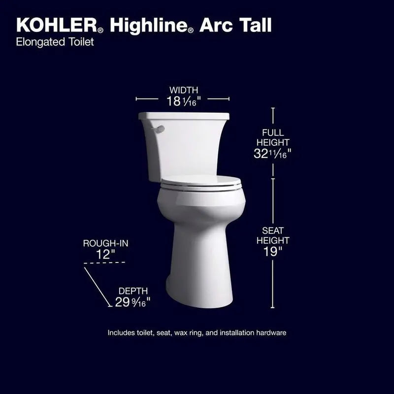 KOHLER Highline Arc Elongated Toilet – Extra-Tall 2-Piece Design, 1.28 GPF Single Flush, Includes Soft-Close Seat (Model 78305-0)
