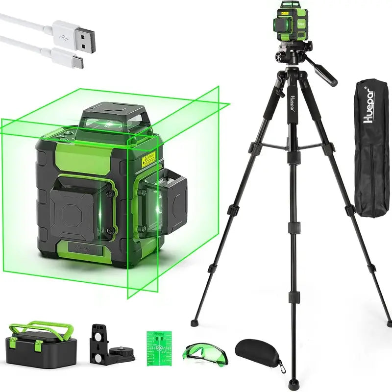 Huepar 360° Self-Leveling Laser Level – Rechargeable Rotary Tool with Tripod Mount & Bright Line Projection