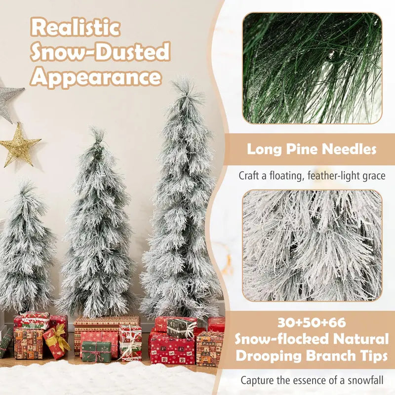 Holiday Tree Trio – Assorted 3', 4', and 5' Snow-Flocked Pre-Lit Christmas Trees