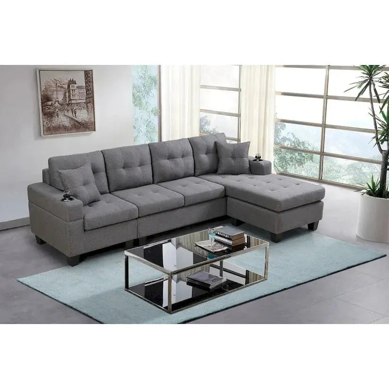 L-Shaped Sectional Sofa with Chaise Lounge – Living Room Set Featuring Built-in Cup Holders