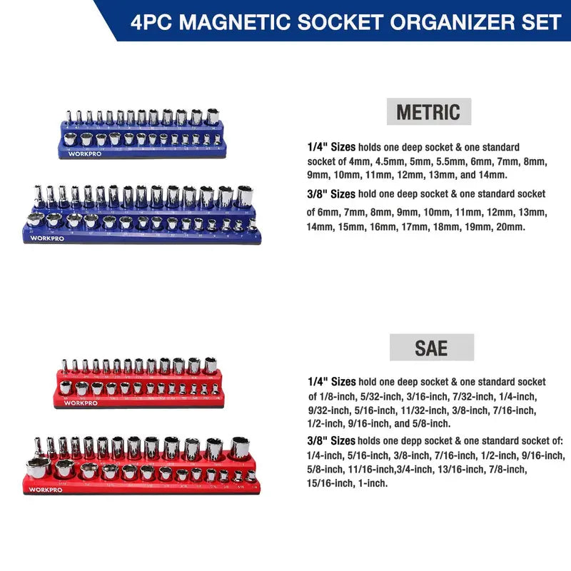 WORKPRO Compact Magnetic Socket Tray Set – 4-Piece Organizer for 1/4″ and 3/8″ Drives, Supports 108 Standard Socket Sizes