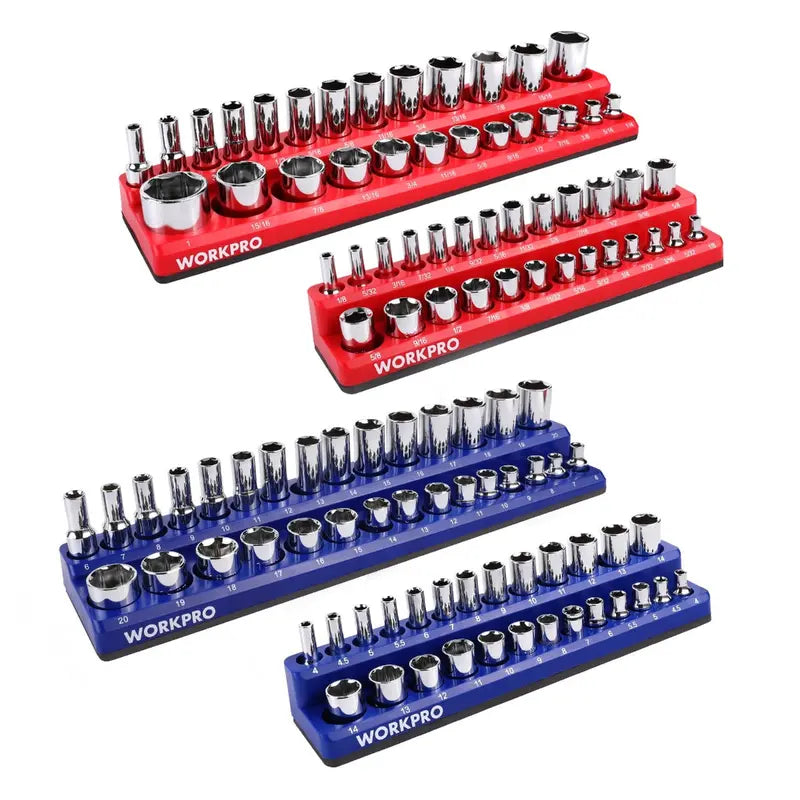 WORKPRO Compact Magnetic Socket Tray Set – 4-Piece Organizer for 1/4″ and 3/8″ Drives, Supports 108 Standard Socket Sizes
