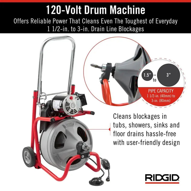 K-400 Drain Auger – 120V Electric Snake with 75-Foot Cable, C-32IW Drum Machine & 4-Piece Tool Kit