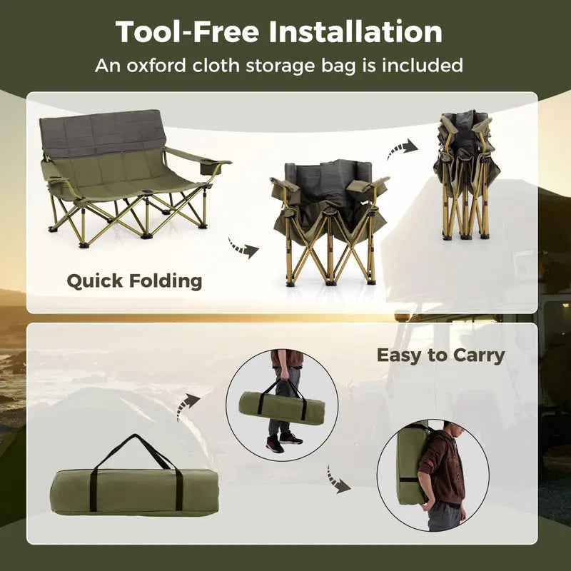 Two-Person Folding Loveseat Camping Chair for Backyard and Campsite Use