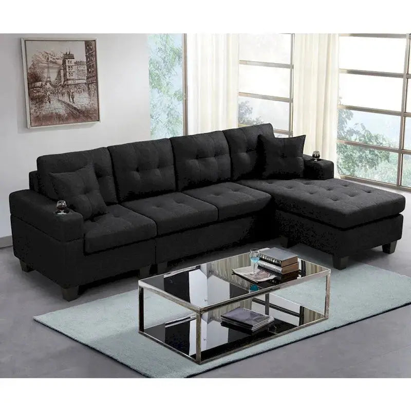 L-Shaped Sectional Sofa with Chaise Lounge – Living Room Set Featuring Built-in Cup Holders