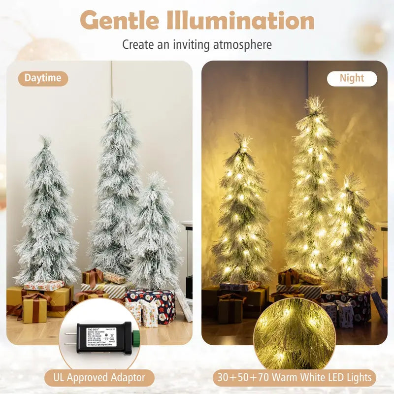 Holiday Tree Trio – Assorted 3', 4', and 5' Snow-Flocked Pre-Lit Christmas Trees
