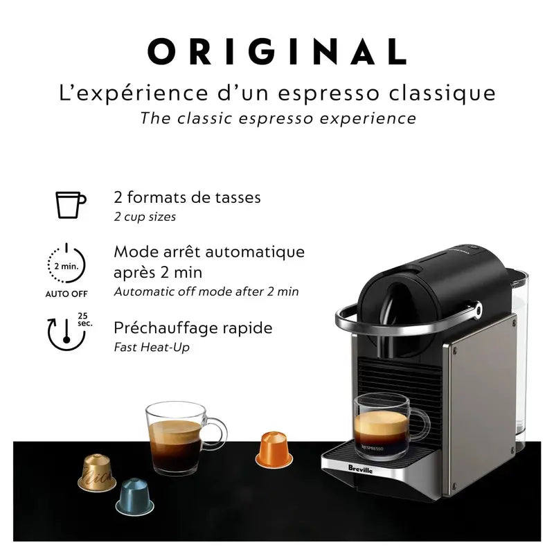 Nespresso Pixie Titan by Breville – Compact Espresso Machine with 19-Bar Pressure, Titanium Finish, BEC440TTN Model