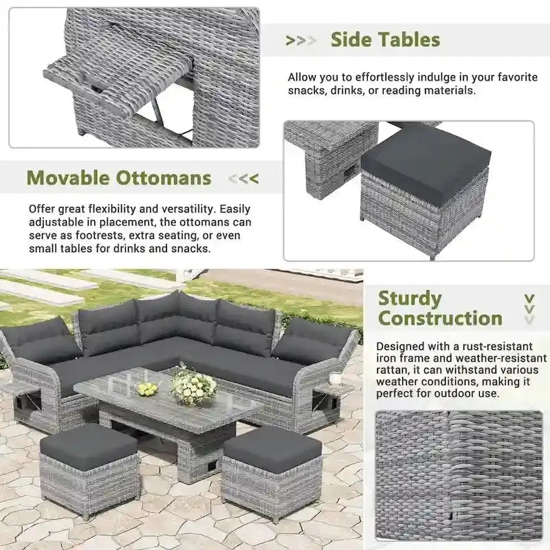 Modular Outdoor Rattan Seating Set with Reclining Chairs, Ottomans, and Adjustable Table