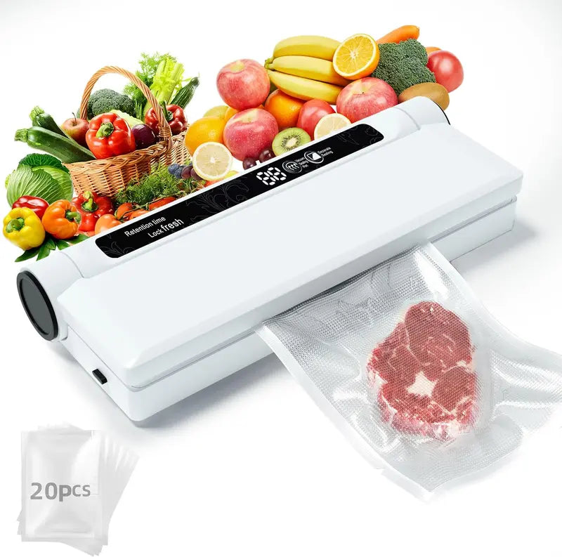 Space-Saving Vacuum Sealer with High-Performance Suction and 20-Count Reusable Food Bags