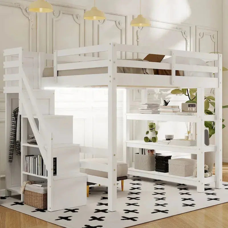 Full/Twin Loft Bed with Integrated Storage Stairs – Includes Shelves, Wardrobe, and LED Lighting for Maximized Small-Space Utility