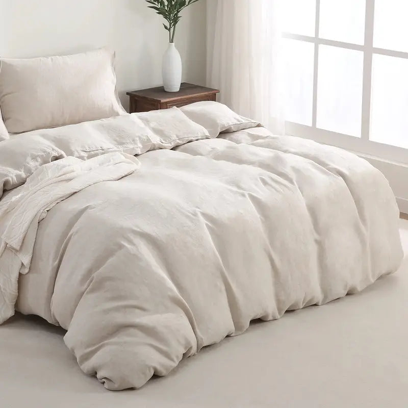Natural-Linen Duvet Cover – Button Closure, Corner Ties, Breathable Fabric (Full/Queen Size)