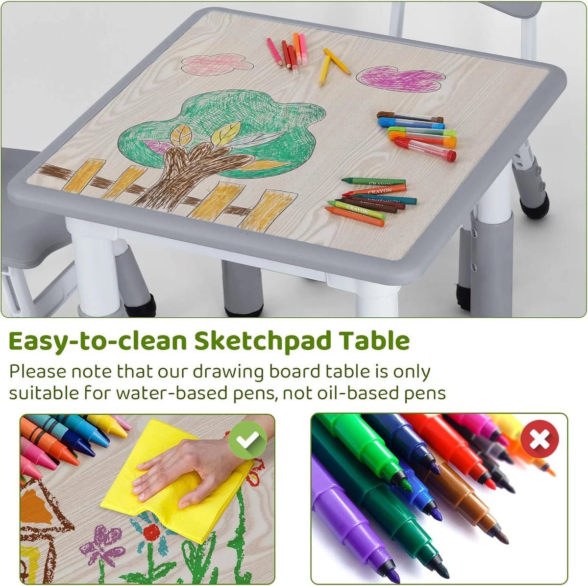 Arlopu 5 Pcs Kids Table and Chairs Set, Height Adjustable, Toddlers Activity Table & 4 Chairs Set for Study, Grey