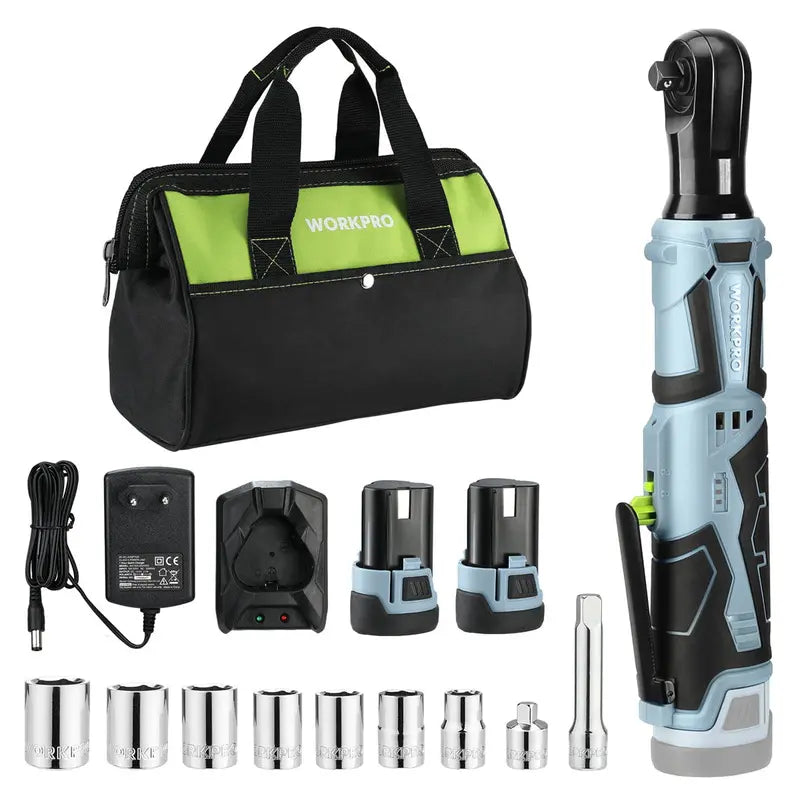 WORKPRO 12V Cordless Electric Ratchet Wrench – 3/8″ Drive, 40 Ft-lbs Torque, Includes 9-Piece Accessory Kit