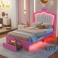 Twin Princess Bed Frame  Pink & White Upholstered Design with Crown Headboard & Built-in Drawer