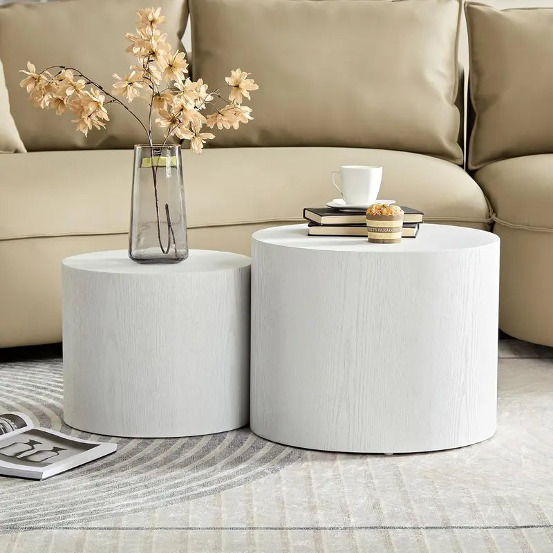 Modern Nesting Coffee Table Set of 2 – Walnut Round Accent Tables with Non-Slip Feet for Small Spaces