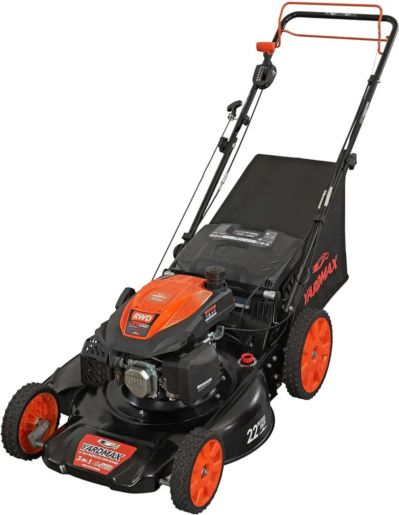 YARDMAX 22″ Gas-Powered Self-Propelled Mower — 201cc Engine, 6-Speed CVT, 3-in-1 Functionality