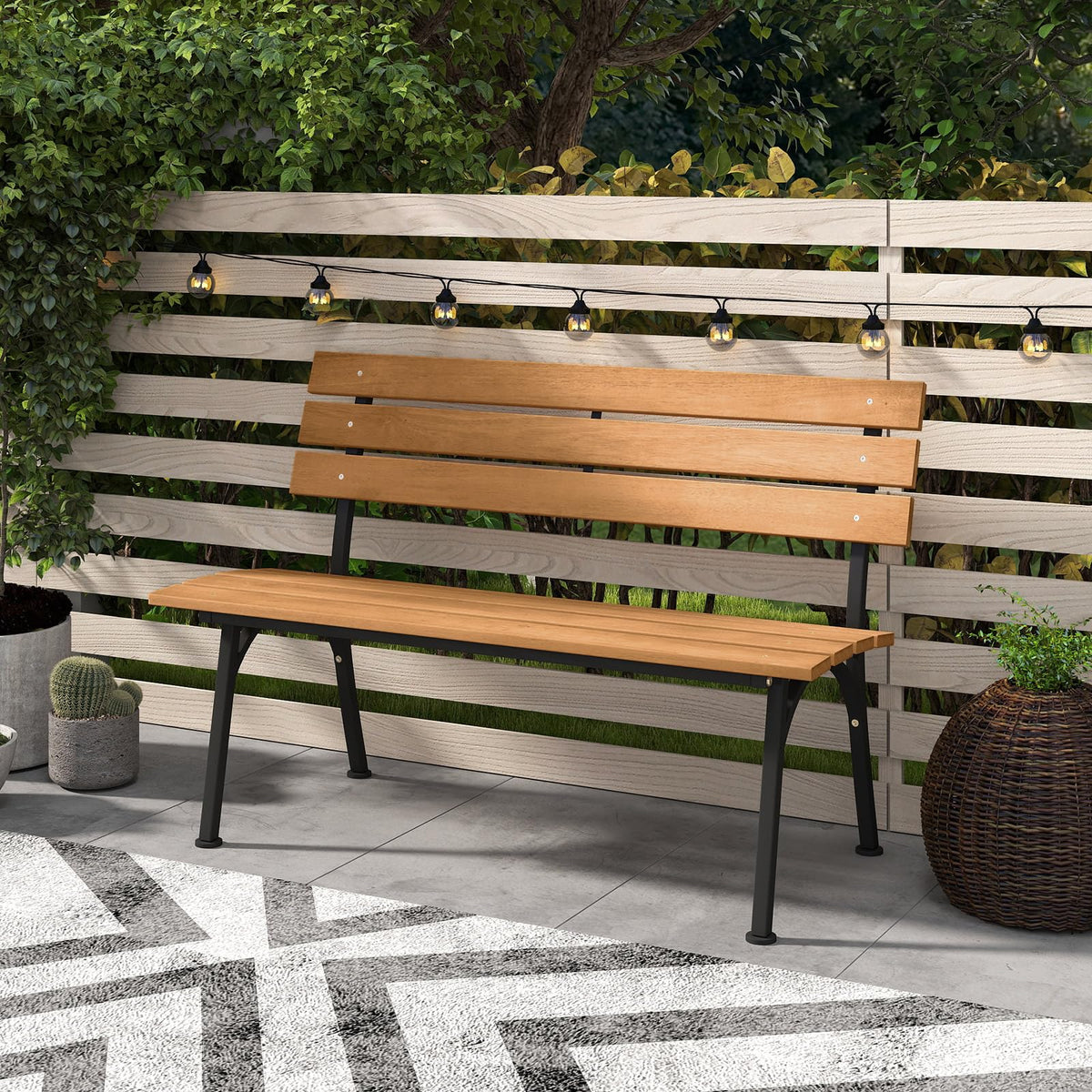 Tangkula Acacia Wood Outdoor Bench with Backrest for Outside Front Porch