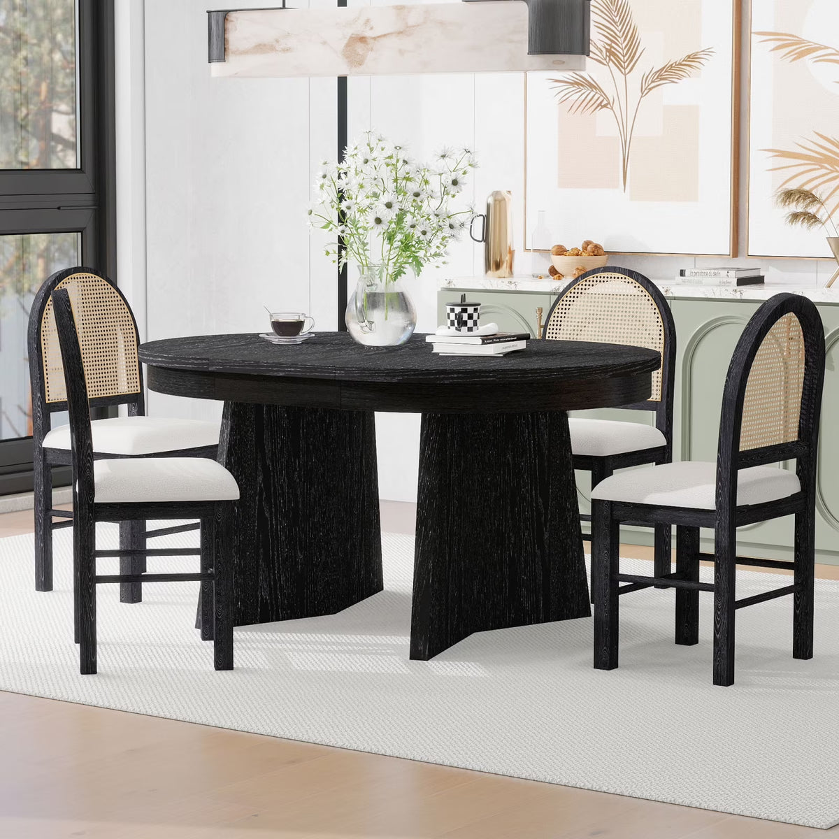 5 - Piece Extendable Dining Table Set for 4 People, Solid Wood Kitchen Table Set with 4 Upholstered Chairs and Rattan Backrests for Dining Room and Kitchen, Natural