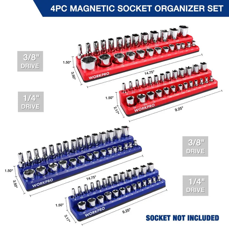 WORKPRO Compact Magnetic Socket Tray Set – 4-Piece Organizer for 1/4″ and 3/8″ Drives, Supports 108 Standard Socket Sizes
