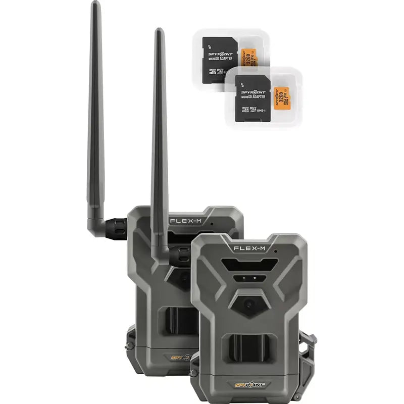 SpyPoint Flex-M Trail Camera Twin Pack  28MP Imaging, 0.4s Trigger Speed, Infrared Night Vision, Includes SD Cards