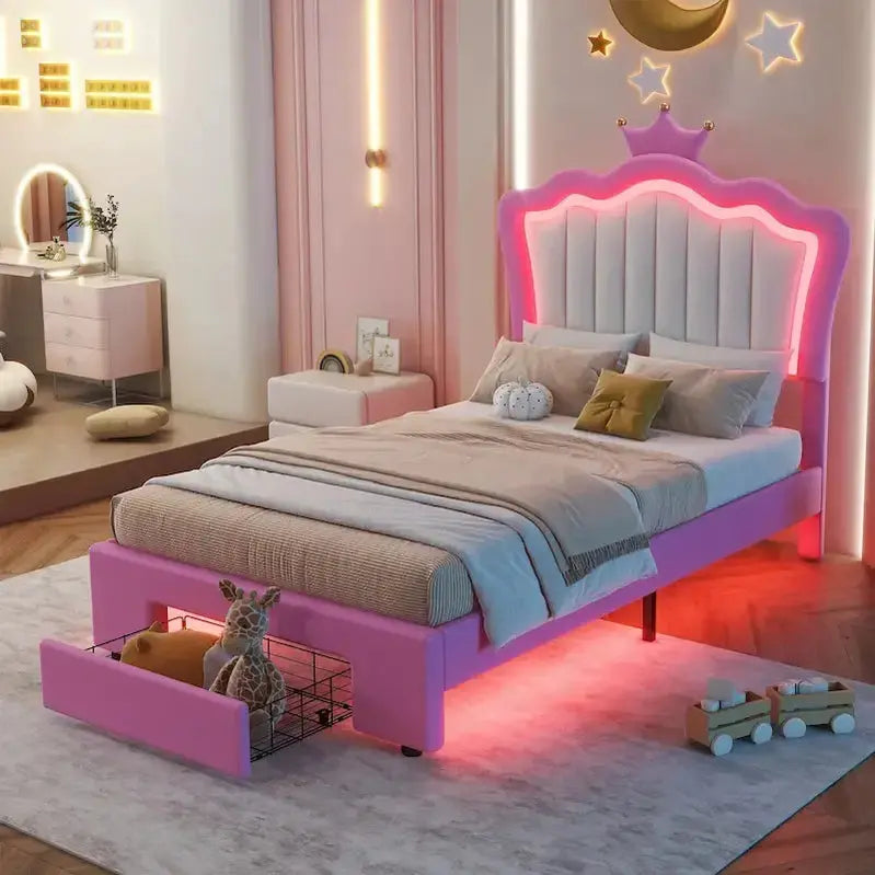Twin Princess Bed Frame  Pink & White Upholstered Design with Crown Headboard & Built-in Drawer