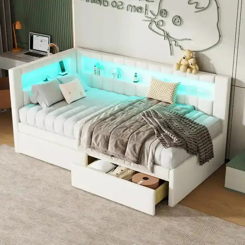 Modern Upholstered Platform Bed Frame – Full or Twin Size with USB Ports, LED Lighting & Dual Storage Drawers
