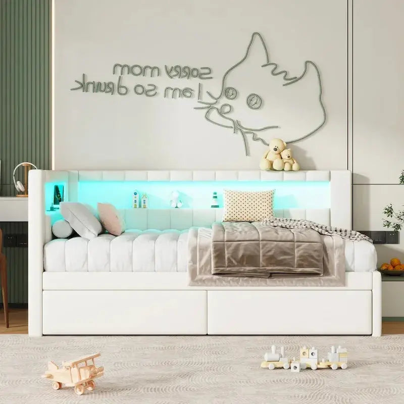 Modern Upholstered Platform Bed Frame – Full or Twin Size with USB Ports, LED Lighting & Dual Storage Drawers