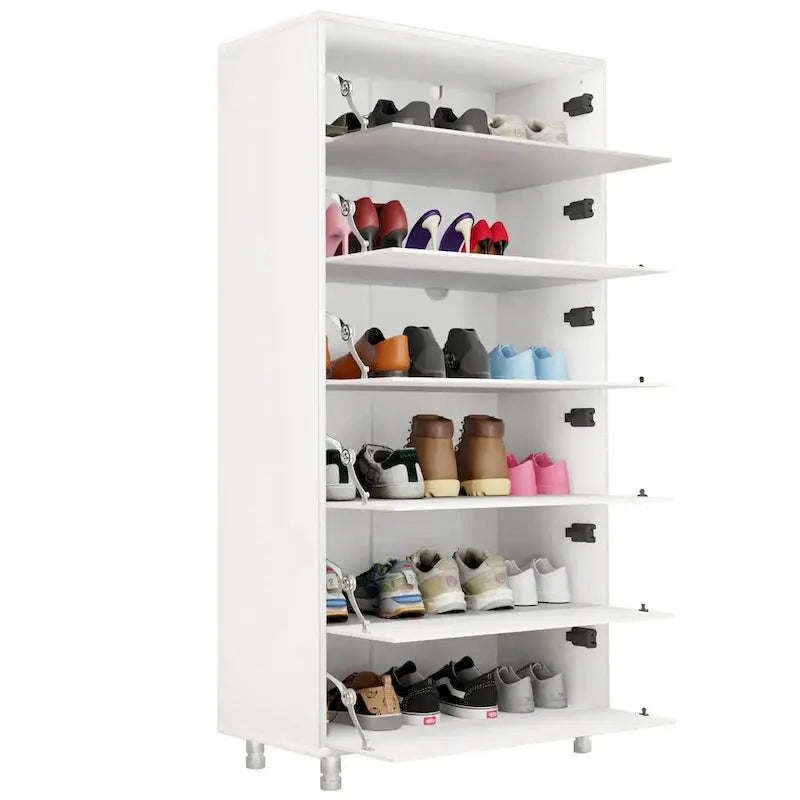 Mirror-Front Shoe Cabinet with Six Flip-Down Drawers – Space-Saving Organizer on Four Sturdy Metal Legs