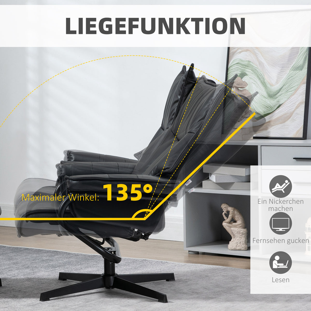 HOMCOM Relaxsessel mit Hocker, drehbar, neigbare Rückenlehne, Stahlrahmen, schwarz