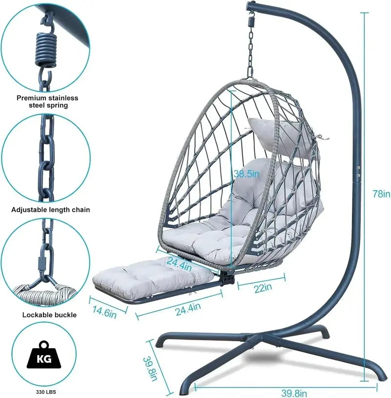UV-Resistant Hanging Egg Chair with Stand, Leg Rest & Rattan Wicker Design