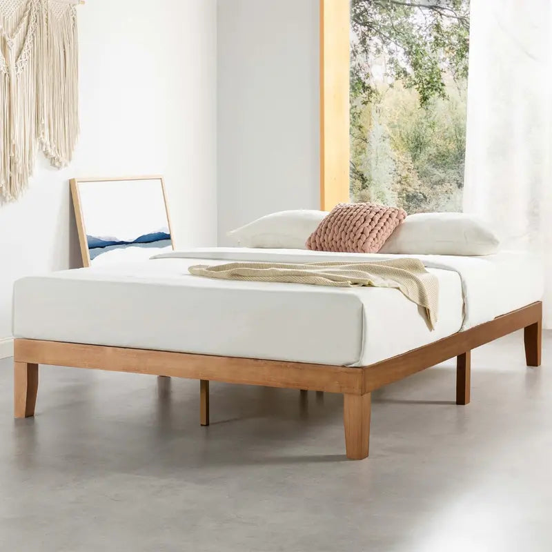 Natural Wood Platform Bed Frame – 12-Inch Solid Hardwood Queen Bed with Slats, No Box Spring Required, Rustic Modern Design