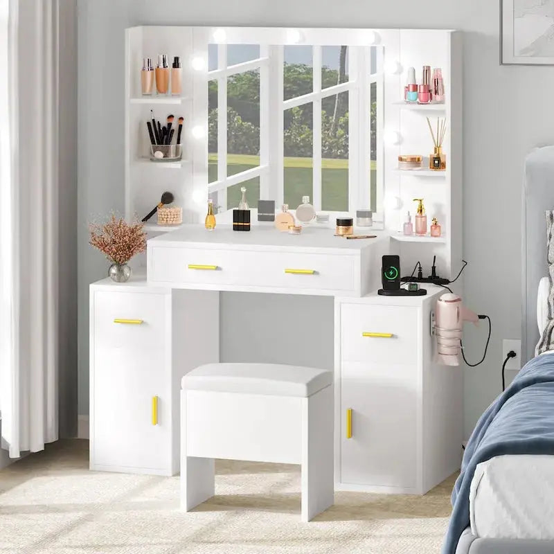 Lighted Vanity Console with Integrated Outlets – 55.1″H Mirror Dresser