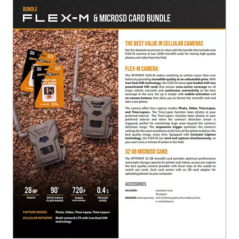 SpyPoint Flex-M Trail Camera Twin Pack  28MP Imaging, 0.4s Trigger Speed, Infrared Night Vision, Includes SD Cards