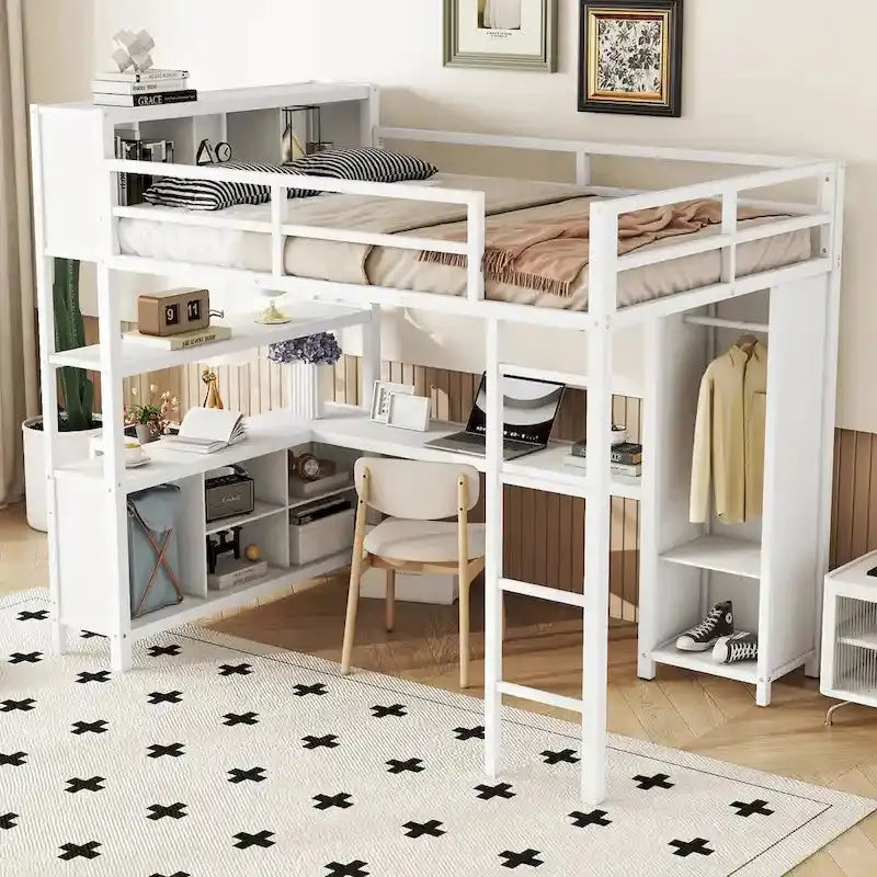 Industrial-Style Loft Bed – Full-Size Metal Frame with Integrated Desk and Wardrobe