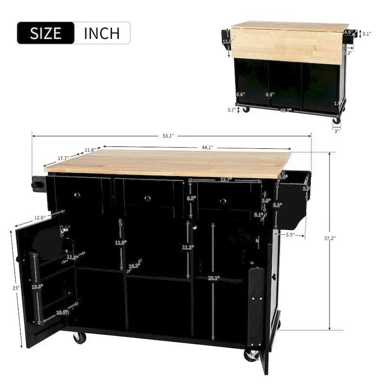 Mobile Kitchen Island on Casters – 5-Wheel Design with Cabinet & Triple Drawers