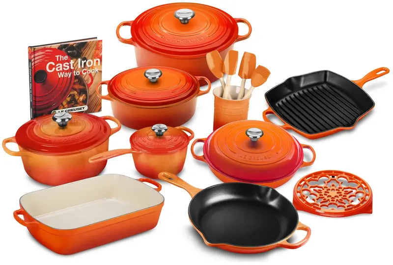 Premium 20-Piece Cast Iron Cookware Collection Including Skillet and Lidded Saucepan