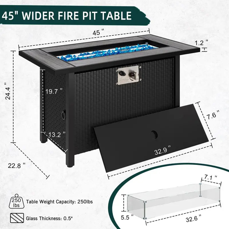 Walsunny 45  Propane Fire Pit Table 50,000 BTU Steel Gas Fire Pit with Lid and Lava Rock Rectangular