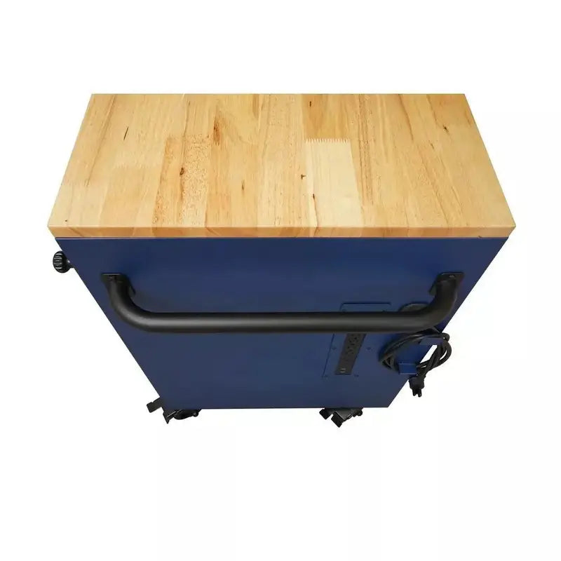 Industrial-Grade 52-Inch 9-Drawer Rolling Workbench with Solid Wood Top and Matte Blue Finish