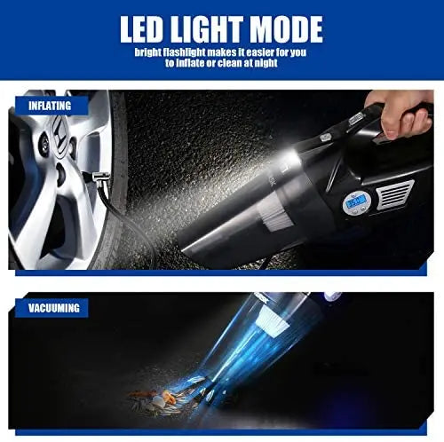 VARSK 4-in-1 Car Vacuum Cleaner & Tire Inflator, 12V Portable Air Compressor with LCD Display & LED Light