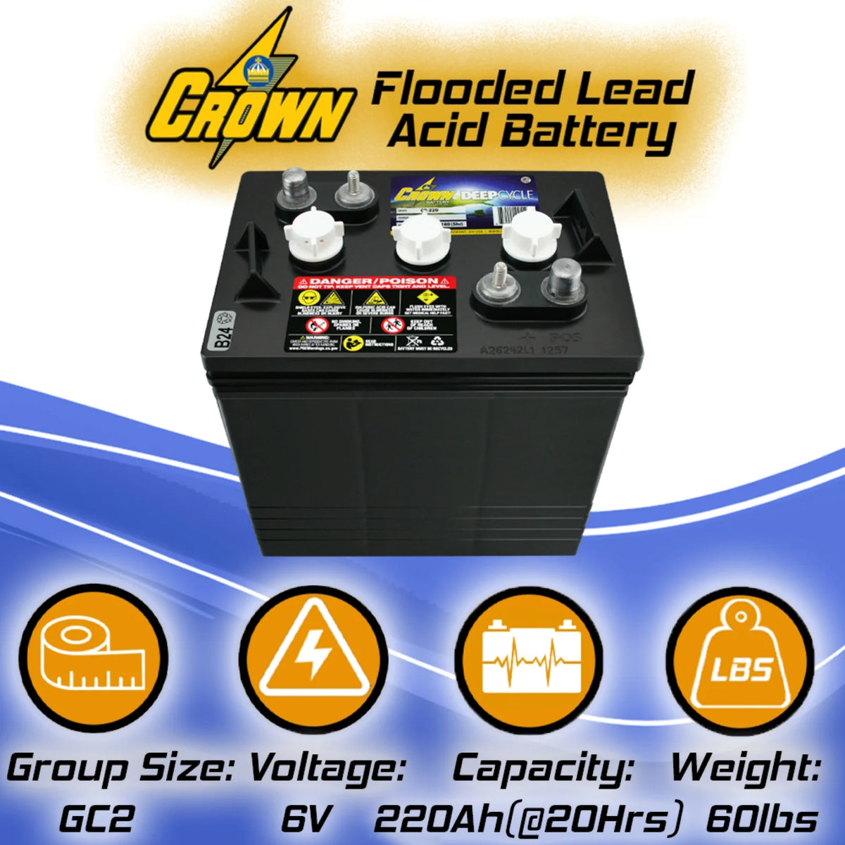 Crown Battery BCI Group GC2 6V 240AH Deep Cycle Golf Cart and Scrubber Battery X6